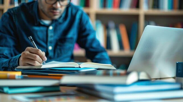 An adult education teacher preparing course materials and setting up for an online class