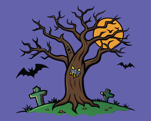 Halloween tree in graveyard t shirt and stocker design vector illustration