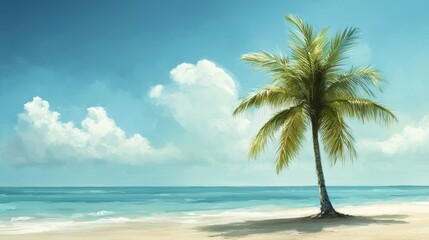 A single palm tree stands tall on a pristine white sand beach, its lush green fronds reaching towards the clear blue sky. The tranquil turquoise ocean stretches out in the background, creating a seren