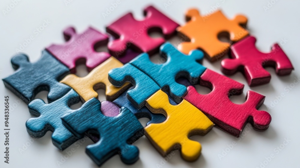 Poster a group of puzzle pieces coming together, representing the concept of teamwork, collaboration, and t