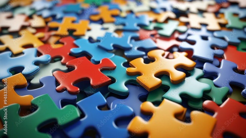 Poster a group of puzzle pieces coming together, representing the concept of teamwork, collaboration, and t
