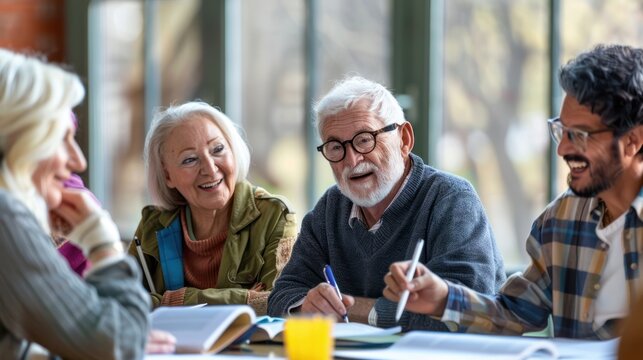 A group of older adults engaged in a creative writing workshop, sharing their stories and experiences