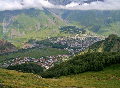 view, panorama of Stepancminda (Kazbegi), beautiful mountain town, Caucasus, Georgia