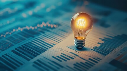 A glowing light bulb sits on a digital stock market background with colorful graphs and charts, representing innovation and financial insight