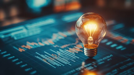 A glowing light bulb sits on a digital stock market background with colorful graphs and charts, representing innovation and financial insight