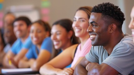 A group of adults attending a night class in a well-lit classroom, with a teacher guiding them through an exercise