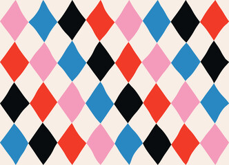 Materiał do szycia Seamless abstract geometric pattern of multicolored rhombuses in a row on a light background, harlequin motifs, hand drawn illustration
