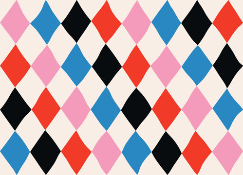 Seamless abstract geometric pattern of multicolored rhombuses in a row on a light background, harlequin motifs, hand drawn illustration, flat style