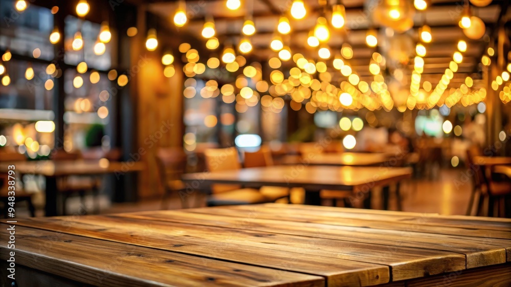 Poster Empty wooden table in a cafe with golden bokeh lights in the background