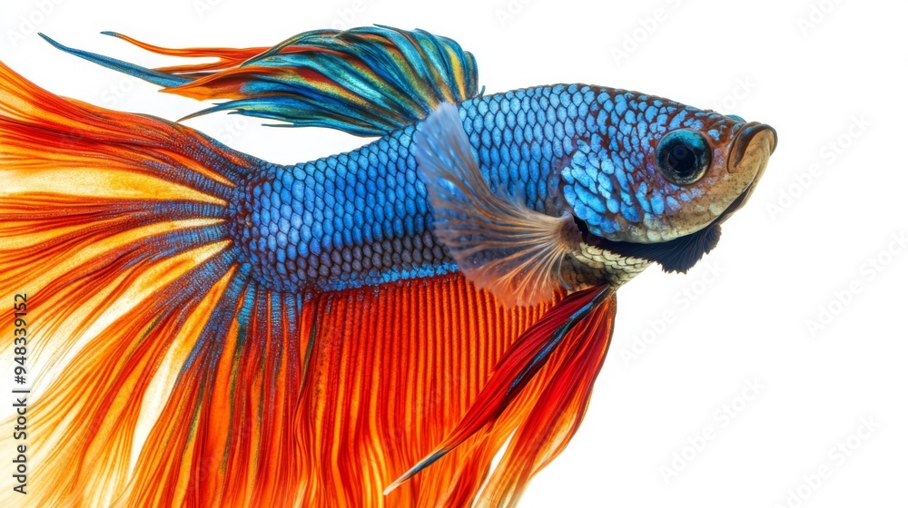 Poster a high-resolution close-up of a betta fish with a bright, multicolored tail, against a pure white ba