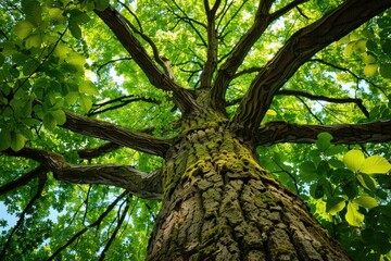 Ash Tree in European Forest: Low Angle View of Ashing Foliage and Trunk