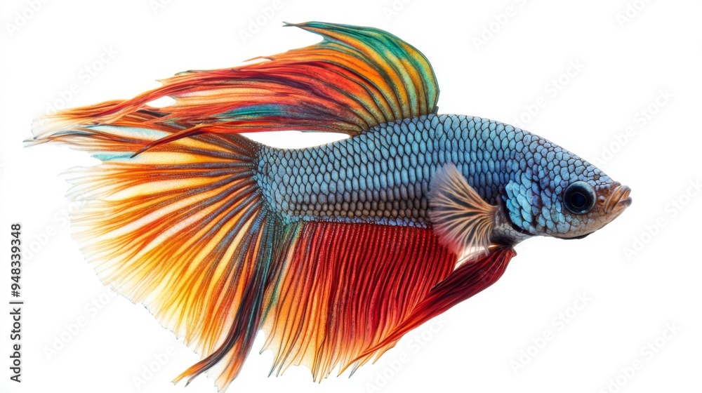 Poster a high-resolution close-up of a betta fish with a bright, multicolored tail, against a pure white ba