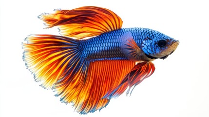 Fototapeta premium A high-resolution image of a betta fish swimming gracefully with its fins spread wide, showcasing its intricate patterns and vivid colors against a white backdrop.