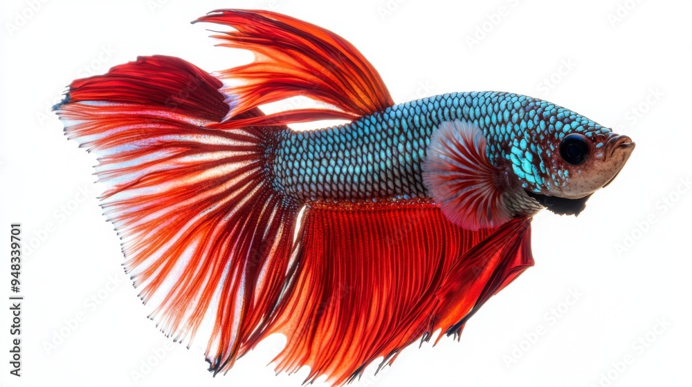 Poster A high-resolution image of a betta fish swimming gracefully with its fins spread wide, showcasing its intricate patterns and vivid colors against a white backdrop.