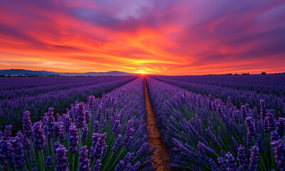 Obraz premium a lavender field in full bloom with vibrant purple flowers stretching toward a bright blue sky