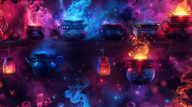 A seamless cartoon pattern of cauldrons brewing with bright, neon potions, surrounded by potion bottles with intricate designs, mystical smoke, and floating magical symbols,
