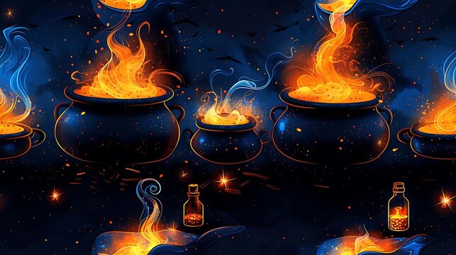 A seamless cartoon pattern of cauldrons overflowing with bubbly potions, surrounded by potion bottles and wisps of glowing smoke, with tiny sparkles and stars, on a dark orange background.