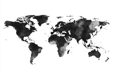 Naklejka premium The world map is illustrated with black watercolors against an isolated background.