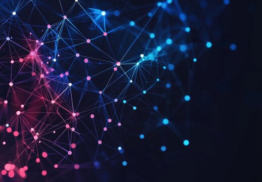 The abstract technology background consists of blue geometric shapes