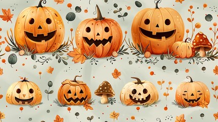 A seamless cartoon pattern of cheerful pumpkins with a variety of expressions, nestled in a patch with curling vines, tiny mushrooms, and acorns, on a soft, light green background. --ar 16:9 --v 6.