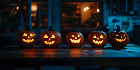 Fototapeta premium Halloween orange raw pumpkins Jack O Lantern with evil face on rustic wooden table with lights and bokeh.