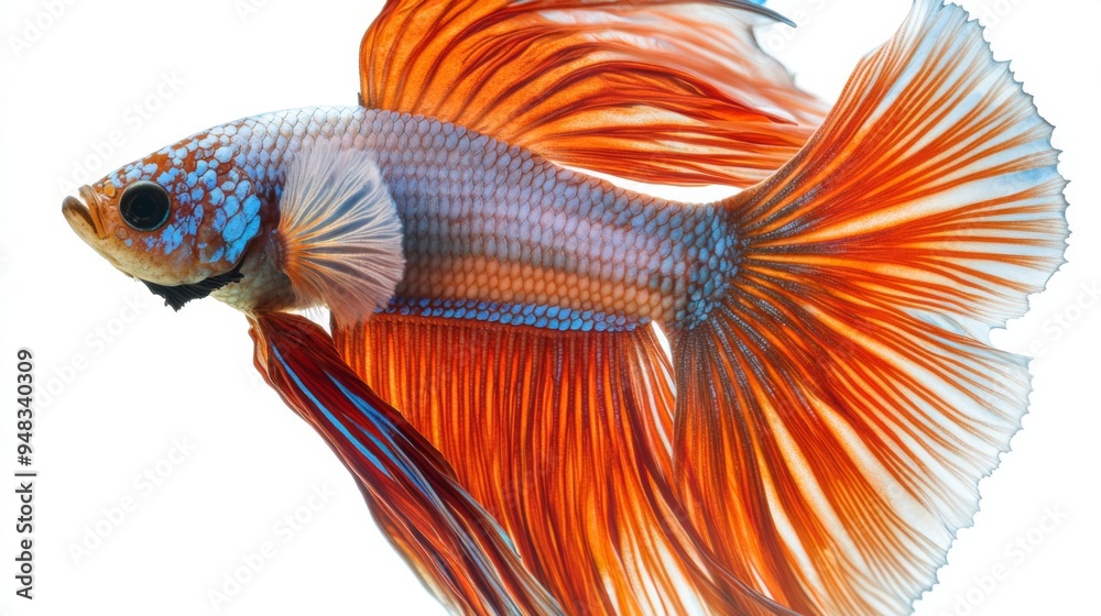 Poster A high-resolution image of a betta fish swimming gracefully with its fins spread wide, showcasing its intricate patterns and vivid colors against a white backdrop.