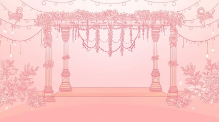 A traditional Indian wedding mandap decorated with flowers and string lights, perfect for creating invitations, wedding website designs, or other wedding-related materials.
