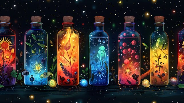 A seamless cartoon pattern of colorful potion bottles with odd ingredients like eyeballs, frog legs, and mysterious herbs, each bottle glowing with magic,