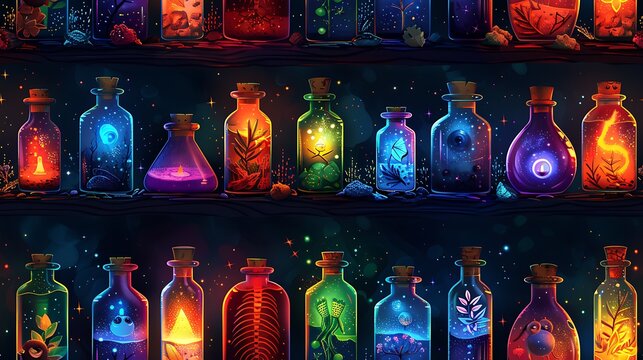 A seamless cartoon pattern of colorful potion bottles with odd ingredients like eyeballs, frog legs, and mysterious herbs, each bottle glowing with magic,