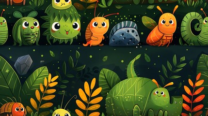 Fototapeta premium A seamless cartoon pattern of creepy-crawly insects like centipedes, beetles, and spiders with big eyes and smiling faces, surrounded by tiny leaves and rocks, on a deep green background.