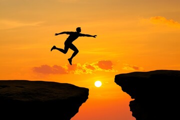In the background of a sunset, a courageous man jumps over a cliff, an idea for a business concept