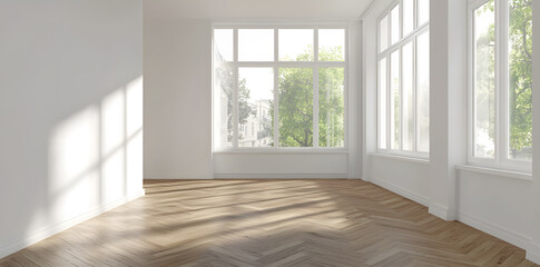 Fototapeta premium Empty High Ceiling Room with White Big Windows, Wooden Floor and White Walls interior design mock up