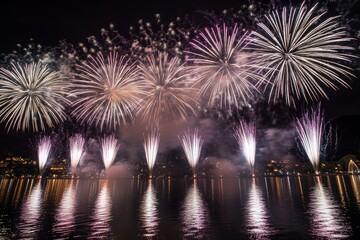 Fototapeta premium Black sky background with reflection of holiday fireworks above water