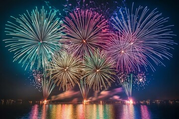 An aerial view of holiday fireworks above water with the reflection of a black sky in the background
