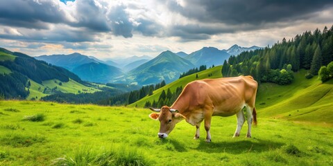 Cow grazing on a lush green mountain pasture, mountain, cow, pasture, grazing, animal, agriculture, landscape, nature, rural