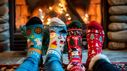 Couple Wearing Cozy Christmas Socks by the Fireplace with Various Patterns on a Winter Evening