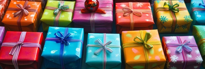 A vibrant and festive display of colorful gift boxes wrapped in festive paper, symbolizing the joy, celebration, and anticipation of the Christmas season.