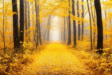 Obraz premium A serene autumn pathway lined with golden leaves, inviting peaceful walks through a vibrant forest landscape.