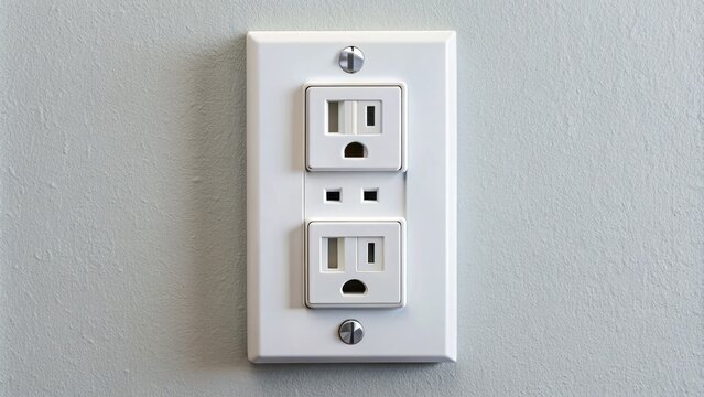 A white grounding type A duplex receptacle outlet with a built-in GFI circuit breaker installed in a modern residential wall electrical system.