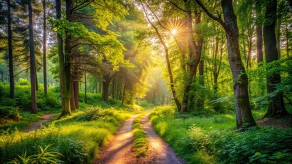 Obraz premium a winding dirt path disappears into the lush green underbrush of a vibrant forest, dappled with warm sunlight filtering through trees.