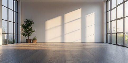 Empty High Ceiling Room with White Big Windows, Wooden Floor and White Walls interior design mock up
