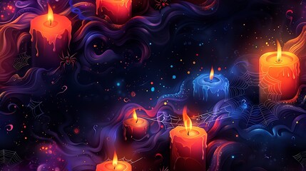 Obraz premium A seamless cartoon pattern of flickering candles surrounded by delicate cobwebs and small spiders, with bright colors and fun expressions on the spiders’ faces, set against a deep purple background.