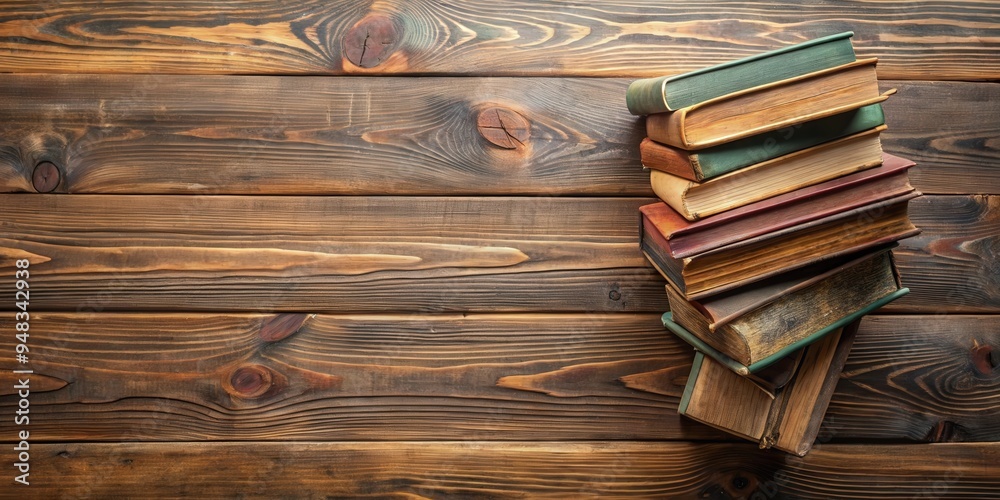 Poster a rustic set-up of vintage books stacked on a wooden table from above
