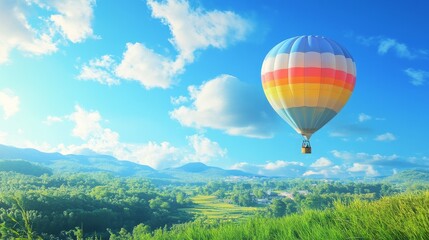 Naklejka premium A vibrant hot air balloon soars through a clear blue sky, with fluffy white clouds and rolling green hills in the background, symbolizing freedom, adventure, exploration, hope, and new beginnings.