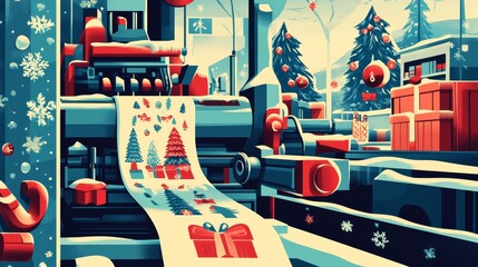 A vibrant illustration depicts a printing press in action, creating festive Christmas cards. The scene showcases the magic of the holiday season, with red and green colors dominating the image, symbol