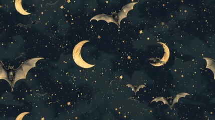 Naklejka premium A seamless cartoon pattern of friendly bats swooping through the night sky, with crescent moons and scattered stars creating a dreamy atmosphere, on a dark forest green background. --ar 16:9 --v 6.