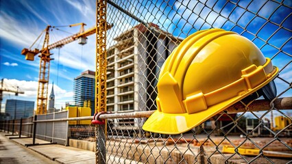 A yellow hard hat and multiple construction permits clip to a wire fence surrounding a commercial building under renovation with a crane in the background.