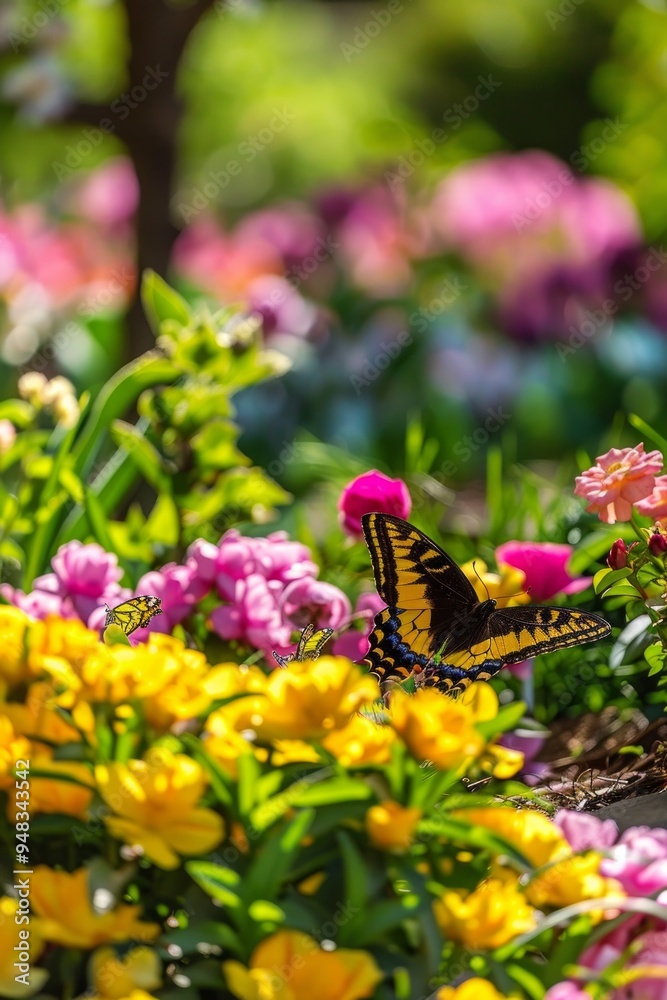 Sticker A butterfly flies over bright yellow flowers in a blooming garden.