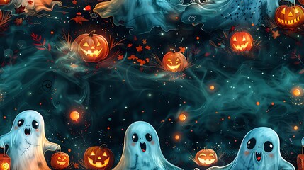Fototapeta premium A seamless cartoon pattern of friendly ghosts floating in a parade, holding various Halloween-themed items like candy and pumpkins, surrounded by glowing orbs and swirling mist,
