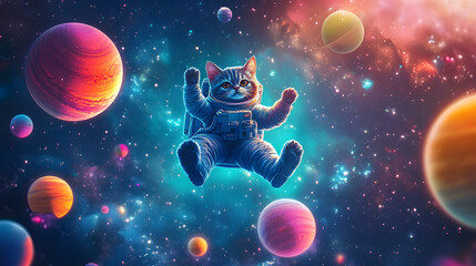 Cat Astronaut flying outer space among colorful planets and stars cartoon illustration
